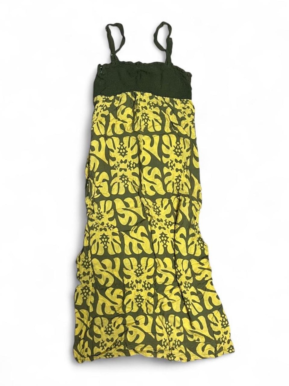 Smocked Olive Green and Yellow Patterned Maxi Sundress